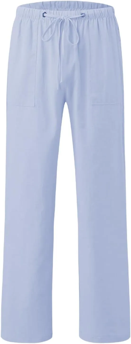 Mens Linen Pants Plus Size Plain Casual Pants Lightweight Vacation Beach Slacks Summer Drawstring Waist Trousers