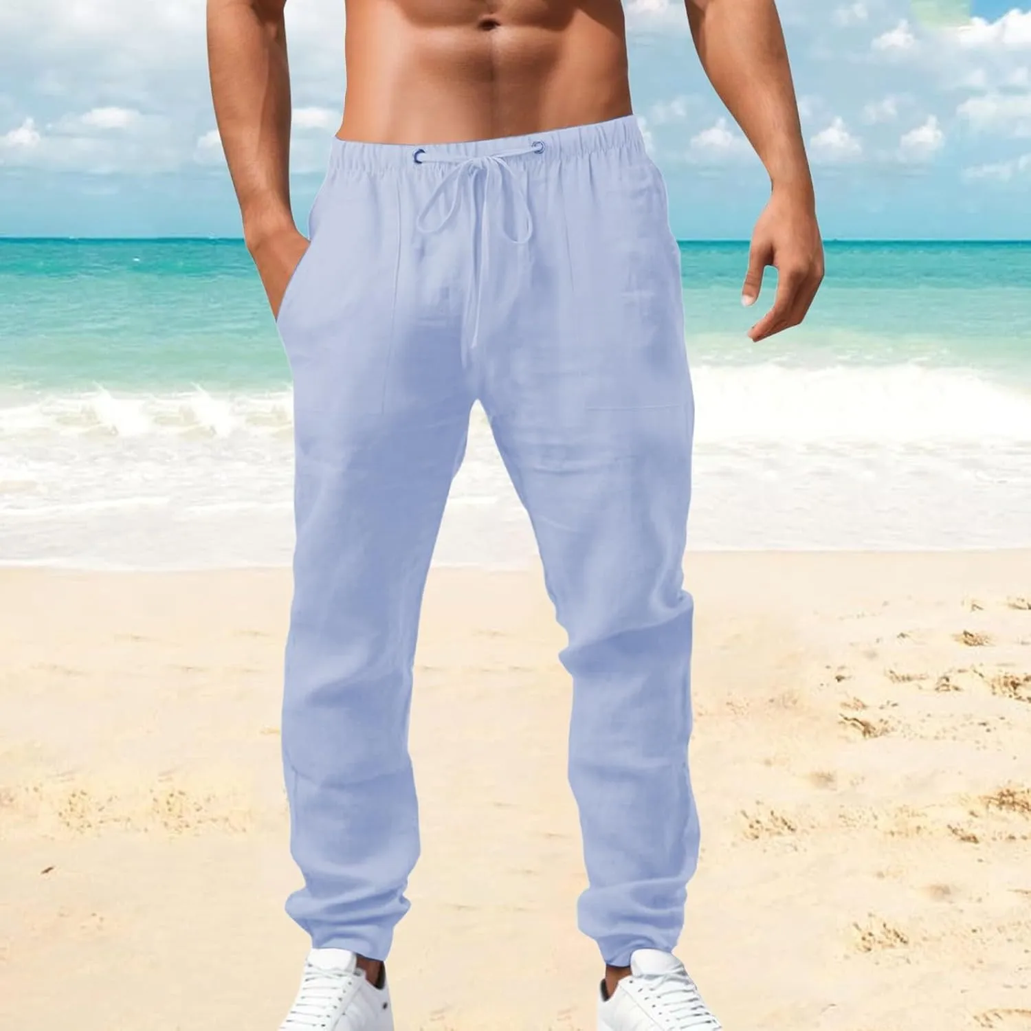 Mens Linen Pants Plus Size Plain Casual Pants Lightweight Vacation Beach Slacks Summer Drawstring Waist Trousers