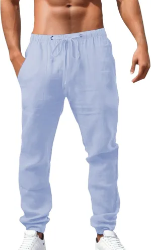 Mens Linen Pants Plus Size Plain Casual Pants Lightweight Vacation Beach Slacks Summer Drawstring Waist Trousers