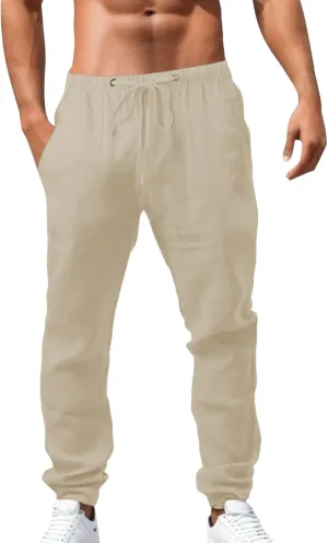 Mens Linen Pants Plus Size Plain Casual Pants Lightweight Vacation Beach Slacks Summer Drawstring Waist Trousers