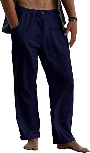 Mens Linen Pants Straight-Legs Stretchy Waist Beach Pants Loose Fit Casual Summer Yoga Pants Drawstring Baggy Trousers