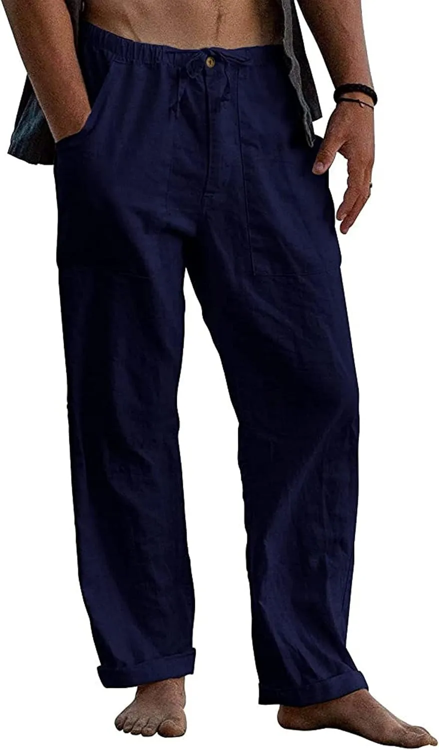 Mens Linen Pants Straight-Legs Stretchy Waist Beach Pants Loose Fit Casual Summer Yoga Pants Drawstring Baggy Trousers