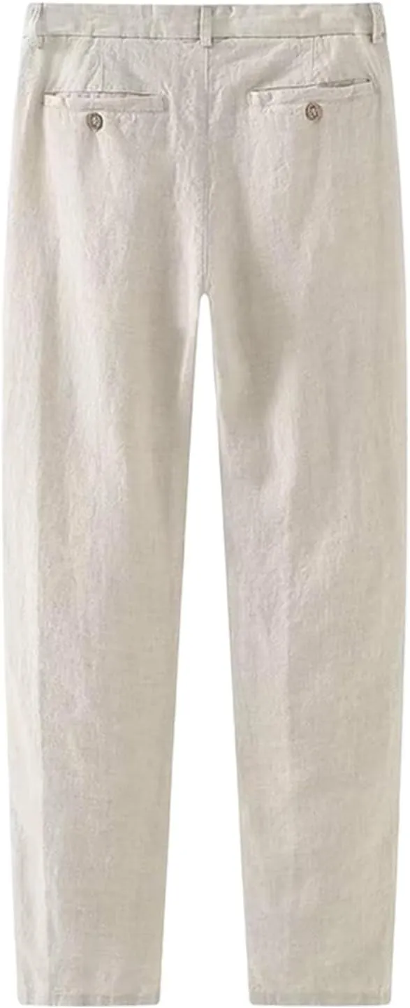 Mens Linen Pants Summer Straight Leg Business Casual Trousers Outdoor Vacation Plain Lightweight Slacks with Pocket