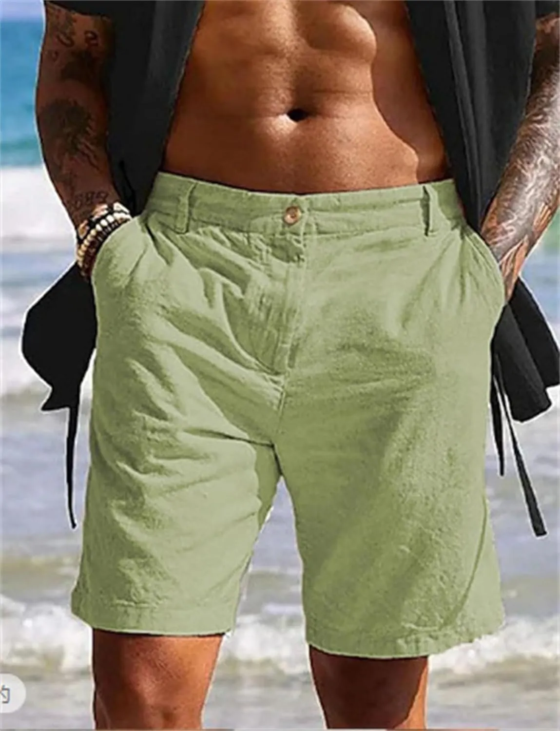 Mens Linen Shorts Elastic Waist Drawstring Casual Lightweight Slim Fit Trousers Summer Beach Yoga Pants with Pockets