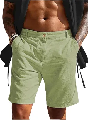 Mens Linen Shorts Elastic Waist Drawstring Casual Lightweight Slim Fit Trousers Summer Beach Yoga Pants with Pockets