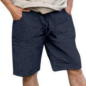 Men's Linen Shorts Summer Cotton Elastic Waist Drawstring Short Casual Beach Outfits with Pockets