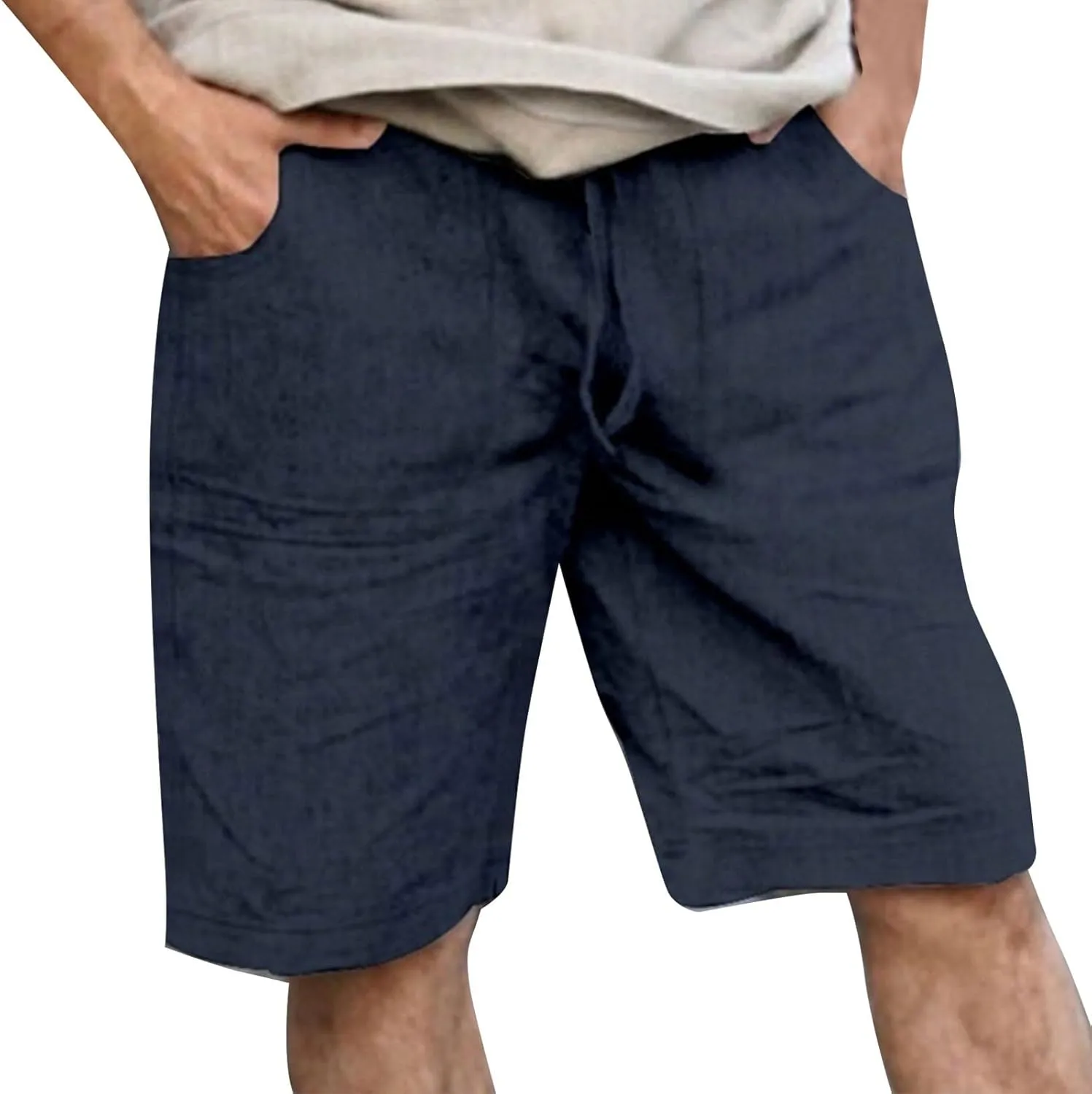 Men's Linen Shorts Summer Cotton Elastic Waist Drawstring Short Casual Beach Outfits with Pockets