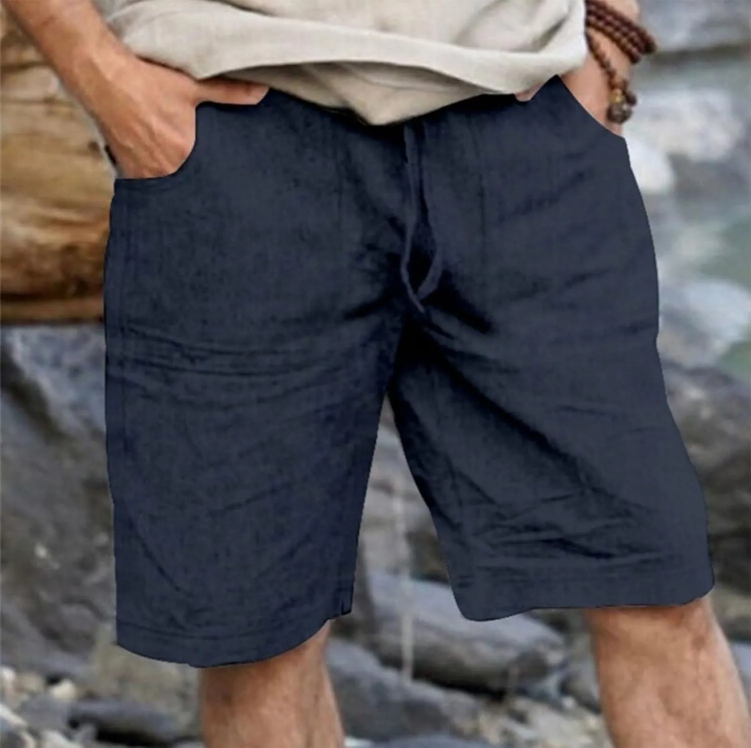 Men's Linen Shorts Summer Cotton Elastic Waist Drawstring Short Casual Beach Outfits with Pockets