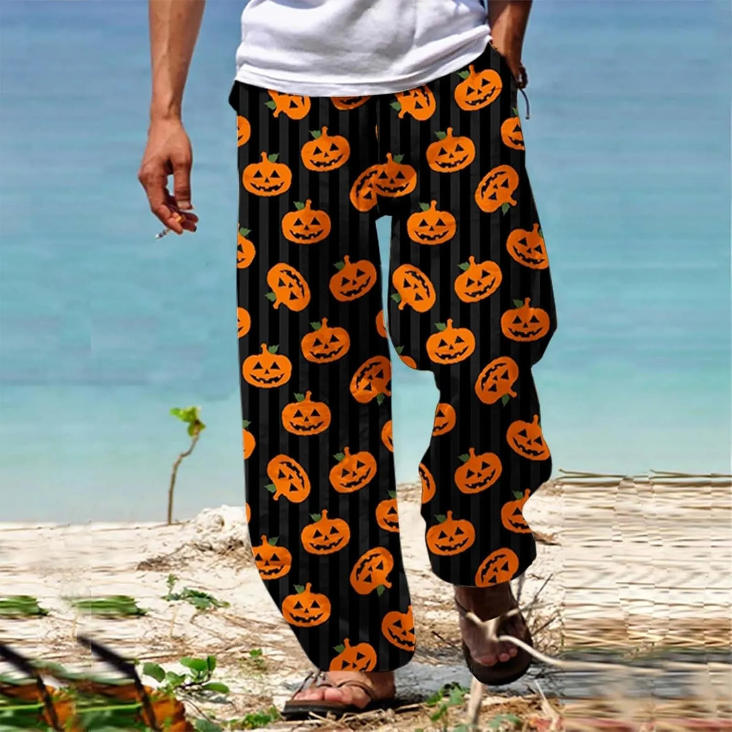 Men's Linen Solid Color Casual Drawstring Pocket Pants Lightweight Elastic Waist