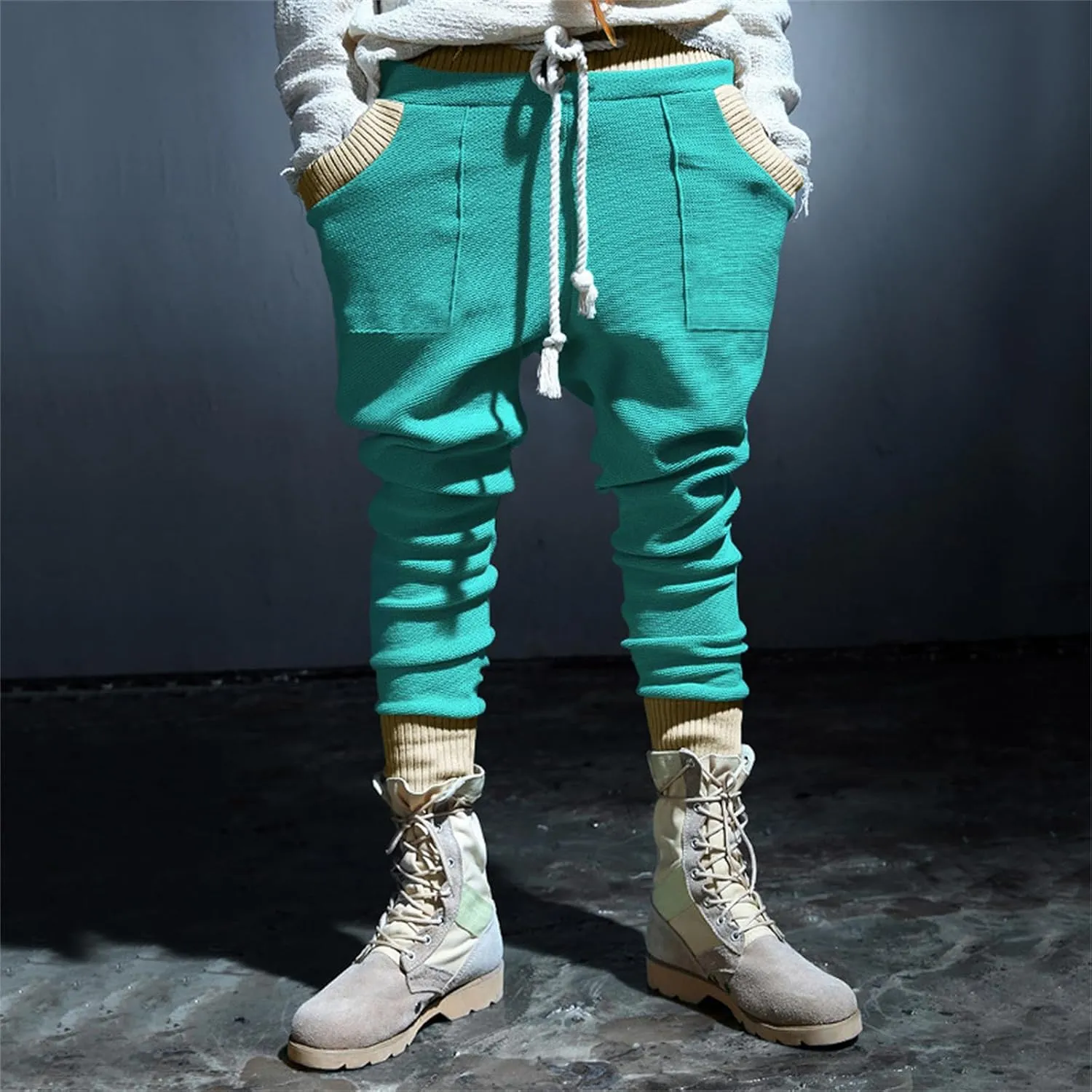 Mens Novelty Tapered Pants Patchwork Knitted Drawstring Joggers Active Gym Trousers Slim Fit Casual Fashion Sweatpants