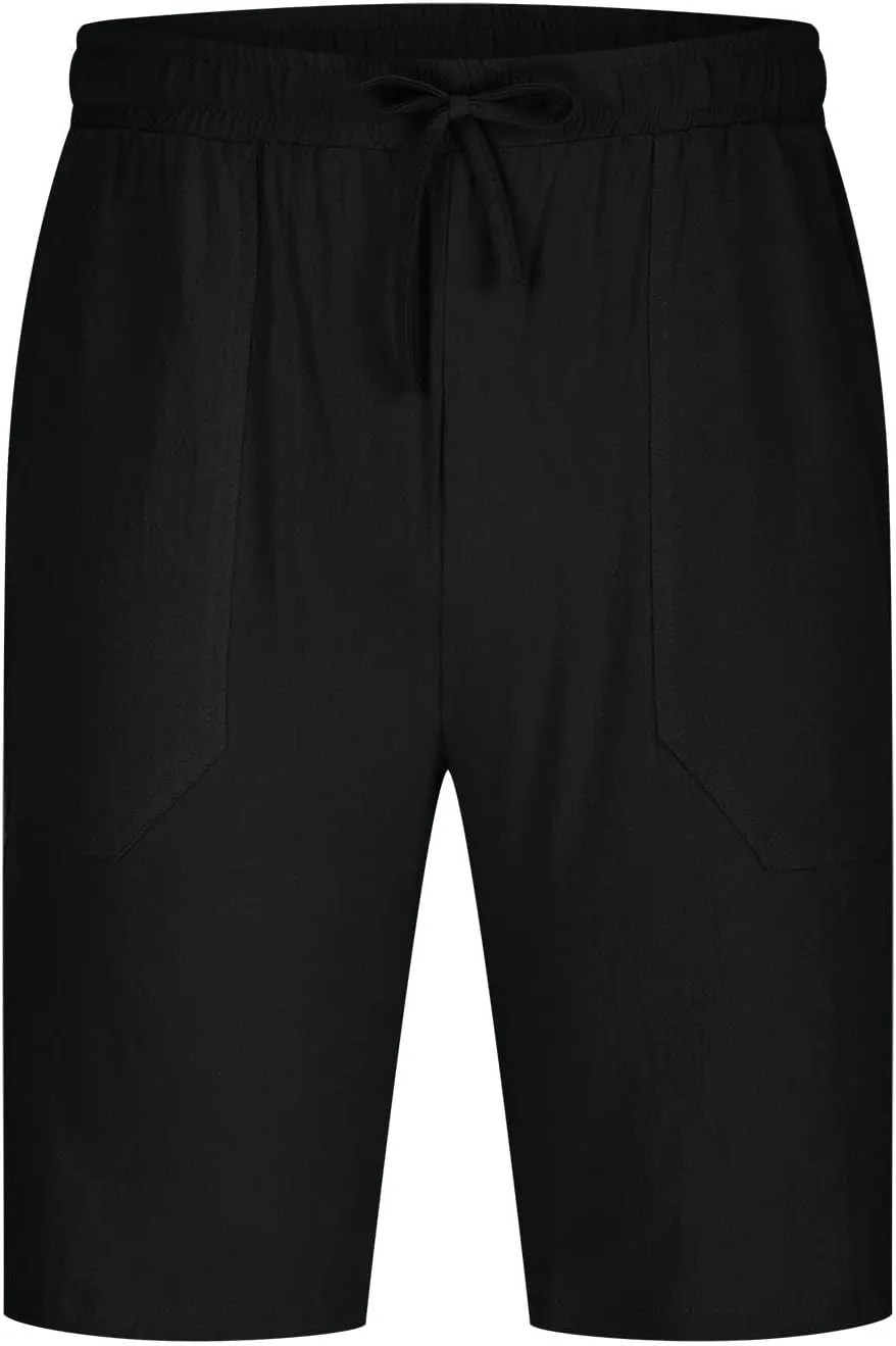 Mens Shorts Summer Trendy Cotton Linen Sport Pants Elastic Waist Drawstring Trousers Straight Beach Pants with Pockets