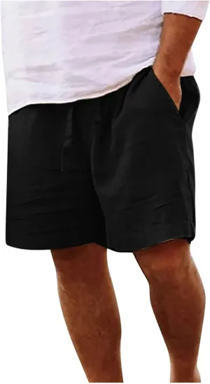 Mens Shorts Summer Trendy Cotton Linen Sport Pants Elastic Waist Drawstring Trousers Straight Beach Pants with Pockets
