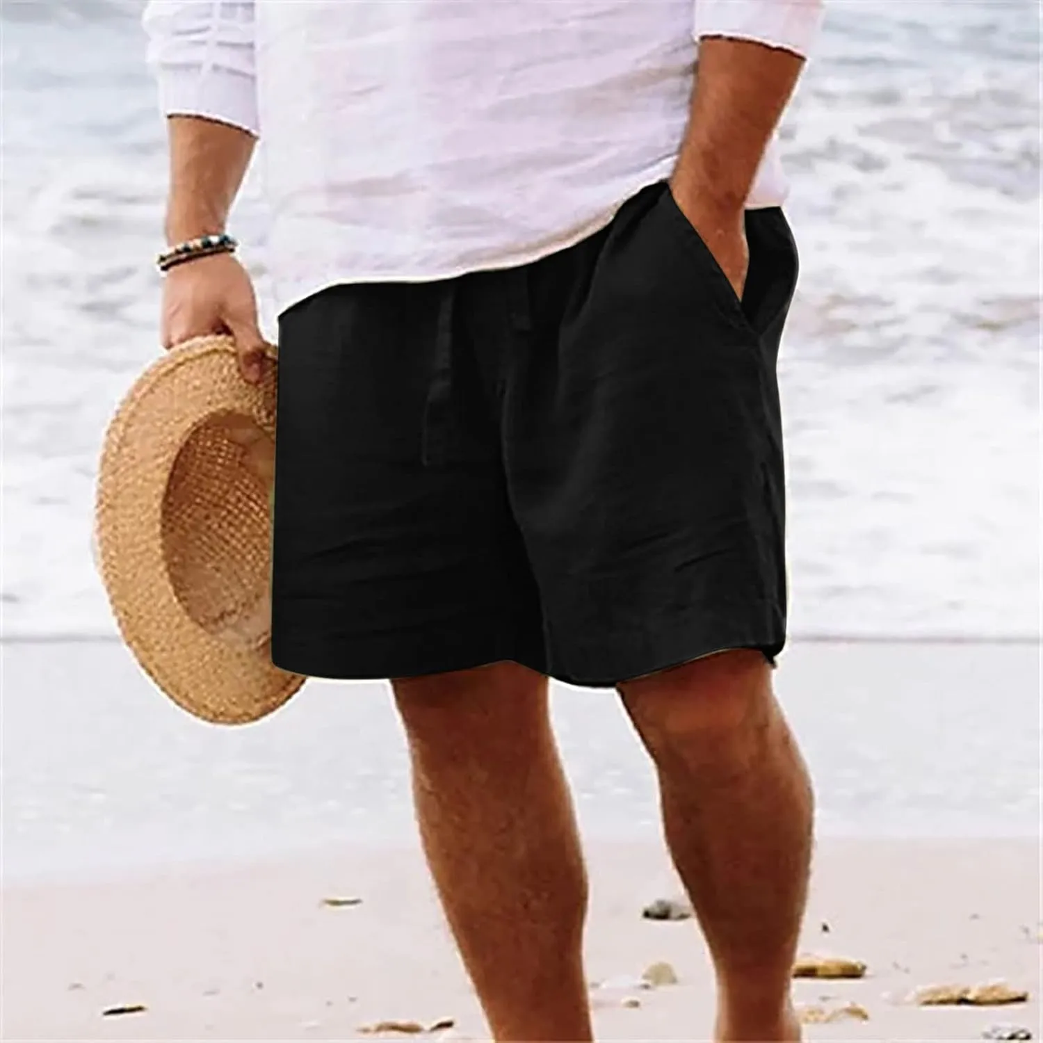 Mens Shorts Summer Trendy Cotton Linen Sport Pants Elastic Waist Drawstring Trousers Straight Beach Pants with Pockets