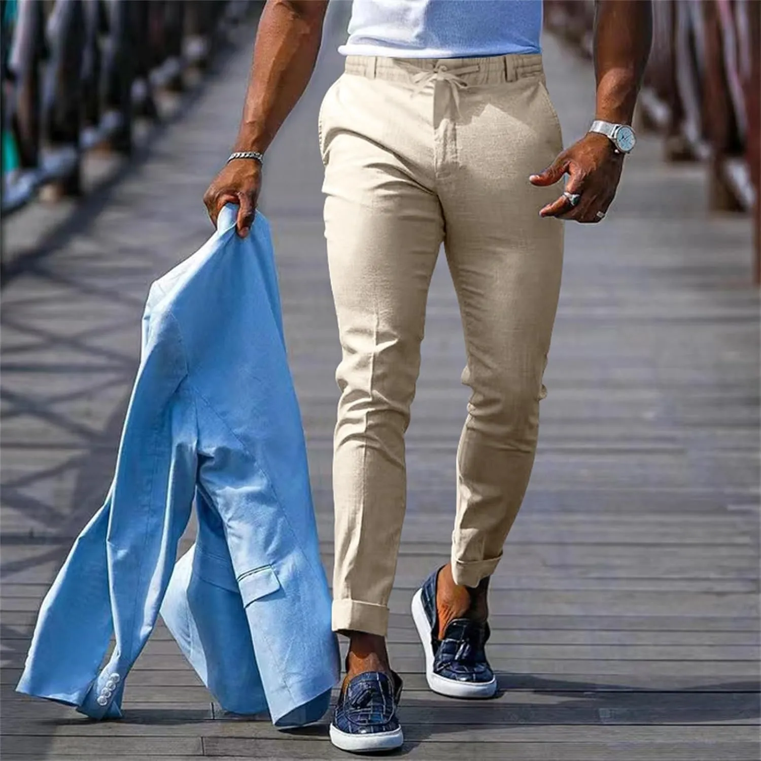 Men's Slim-Fit Flat-Front Stretch Chino Pants Casual Business Skinny Stretch Golf Dress Pants Tapered Leg Pencil Ankle Pants