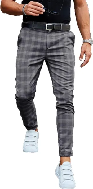 Men's Slim Fit Stretch Plaid Dress Pants with Pockets Checks Pattern Chino Trousers Fashion Casual Elasticity Button Pant (Dark Gray,Small)
