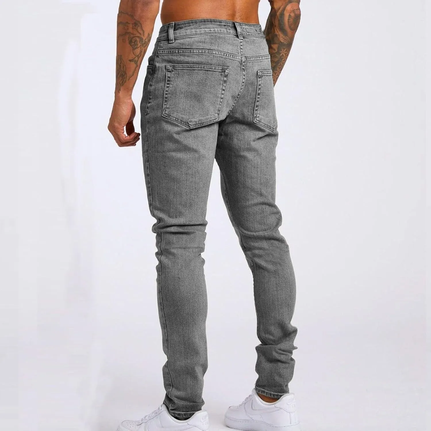 Mens Slim Fit Stretch Skinny Jeans Casual Jogger Pants Ripped Destroyed Stretchy Knee Holes Tapered Leg Denim Sweatpants