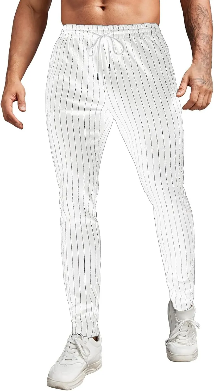 Mens Slim Fit Striped Casual Pants Casual Elastic Waist Drawstring Pencil Pants Skinny Stretchy Chino Trousers for Work