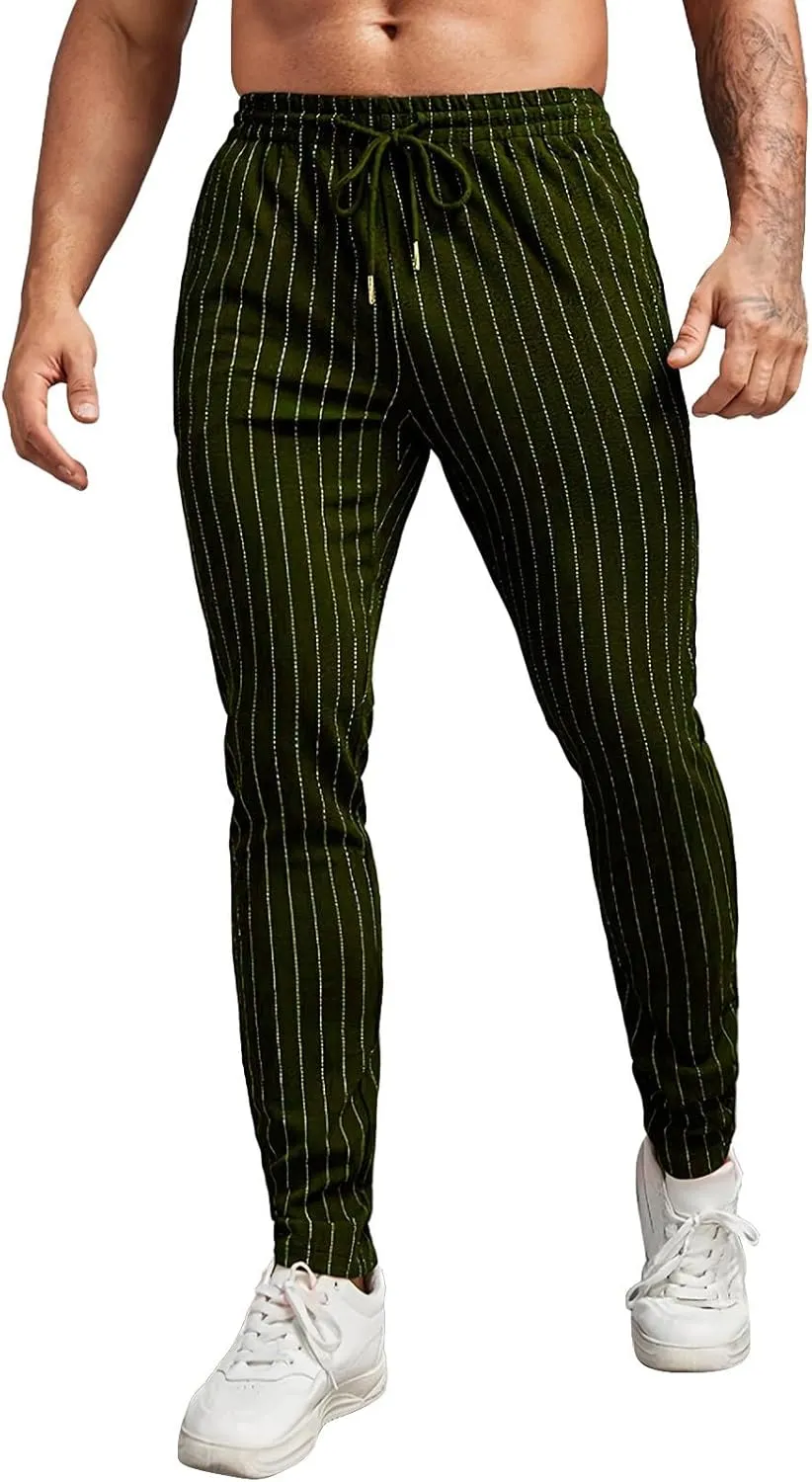 Mens Slim Fit Striped Casual Pants Casual Elastic Waist Drawstring Pencil Pants Skinny Stretchy Chino Trousers for Work