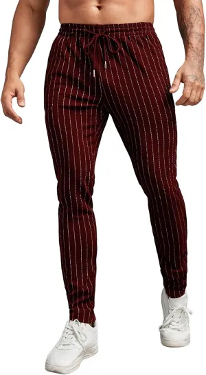 Mens Slim Fit Striped Casual Pants Casual Elastic Waist Drawstring Pencil Pants Skinny Stretchy Chino Trousers for Work