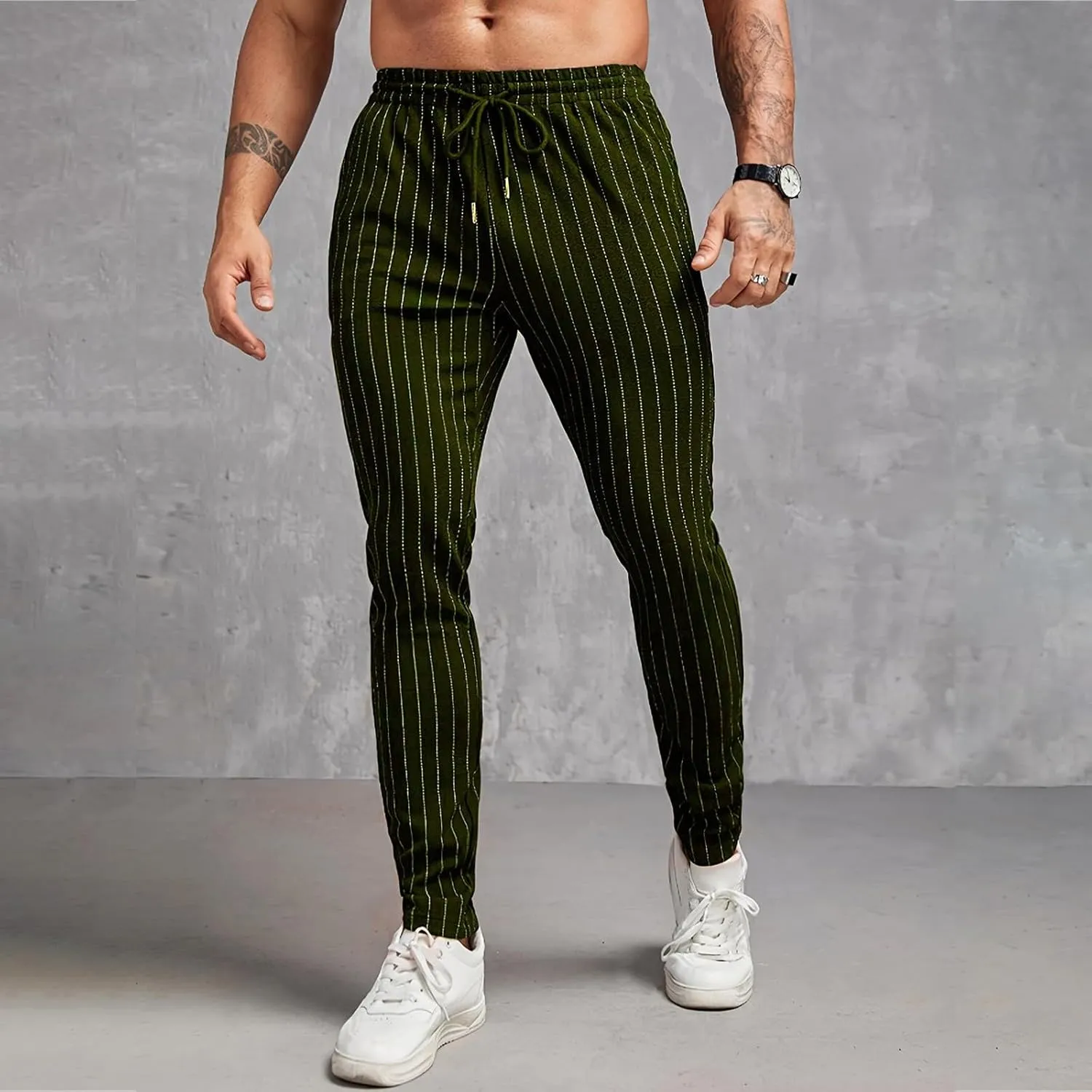 Mens Slim Fit Striped Casual Pants Casual Elastic Waist Drawstring Pencil Pants Skinny Stretchy Chino Trousers for Work