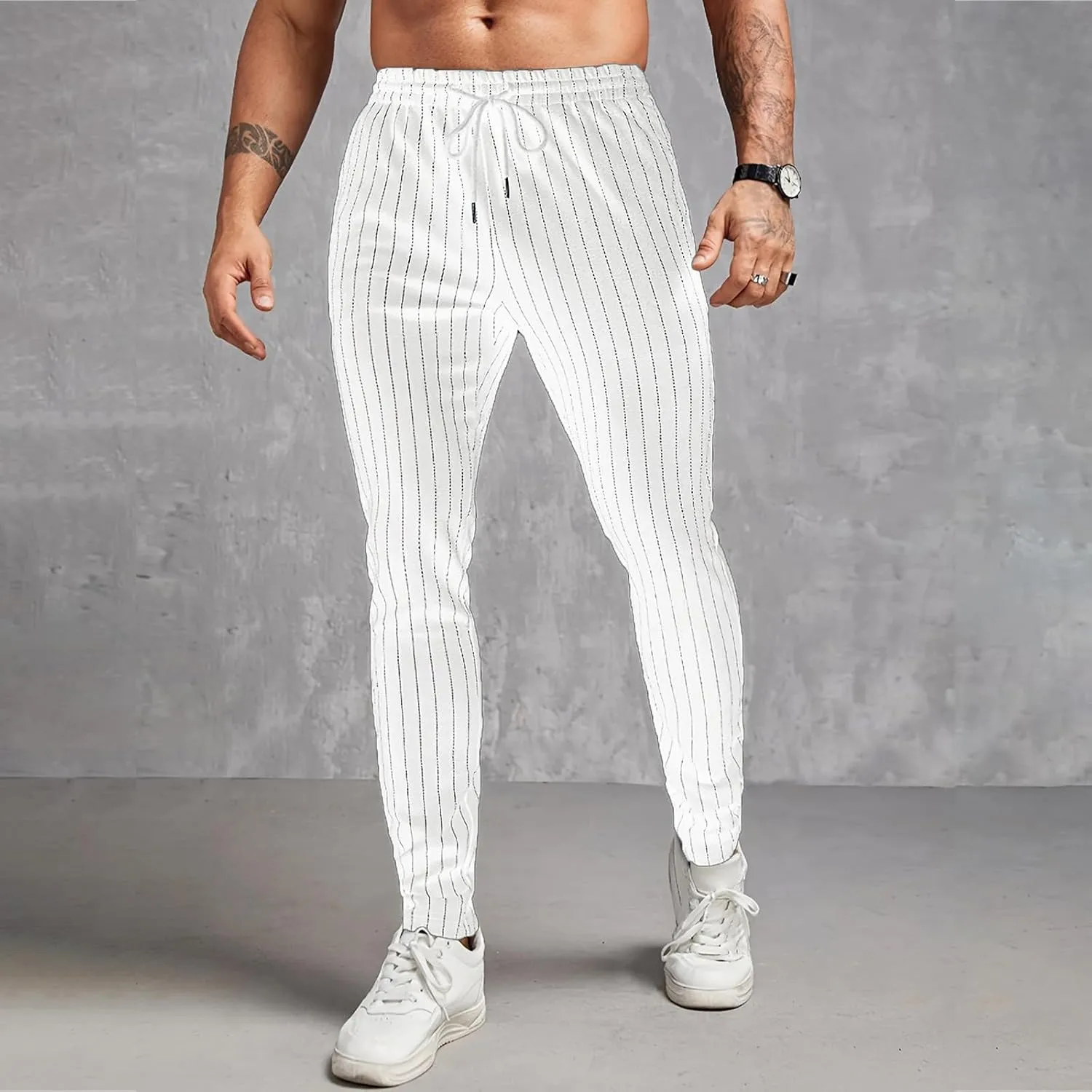 Mens Slim Fit Striped Casual Pants Casual Elastic Waist Drawstring Pencil Pants Skinny Stretchy Chino Trousers for Work