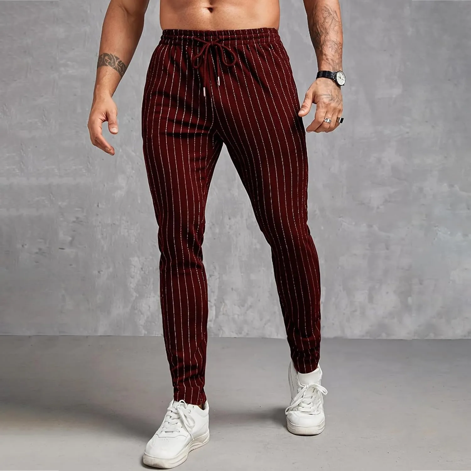 Mens Slim Fit Striped Casual Pants Casual Elastic Waist Drawstring Pencil Pants Skinny Stretchy Chino Trousers for Work