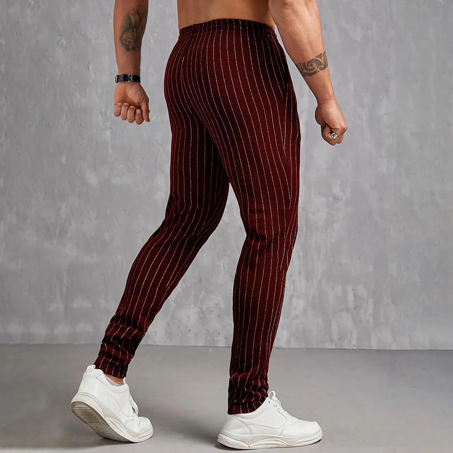 Mens Slim Fit Striped Casual Pants Casual Elastic Waist Drawstring Pencil Pants Skinny Stretchy Chino Trousers for Work