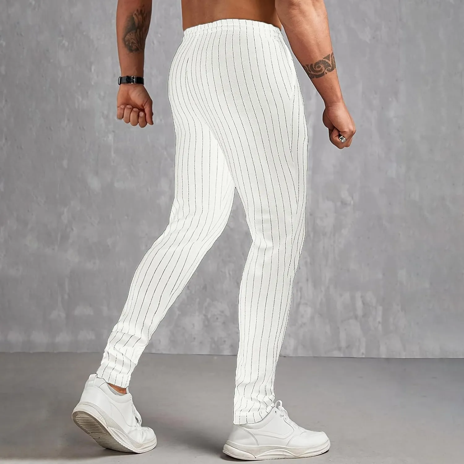 Mens Slim Fit Striped Casual Pants Casual Elastic Waist Drawstring Pencil Pants Skinny Stretchy Chino Trousers for Work