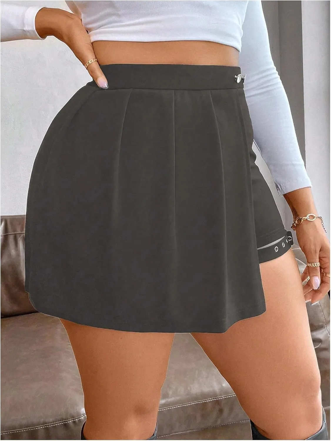 Milumia Women's Plus Size Pleated Front Cut Out Shorts High Waisted Asymmetrical Mini Skort