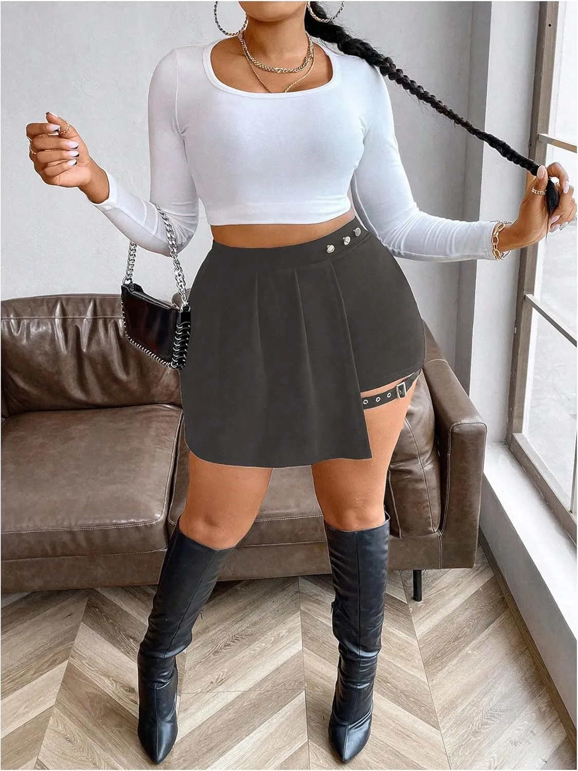 Milumia Women's Plus Size Pleated Front Cut Out Shorts High Waisted Asymmetrical Mini Skort