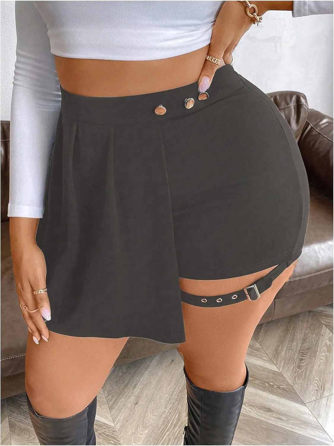 Milumia Women's Plus Size Pleated Front Cut Out Shorts High Waisted Asymmetrical Mini Skort