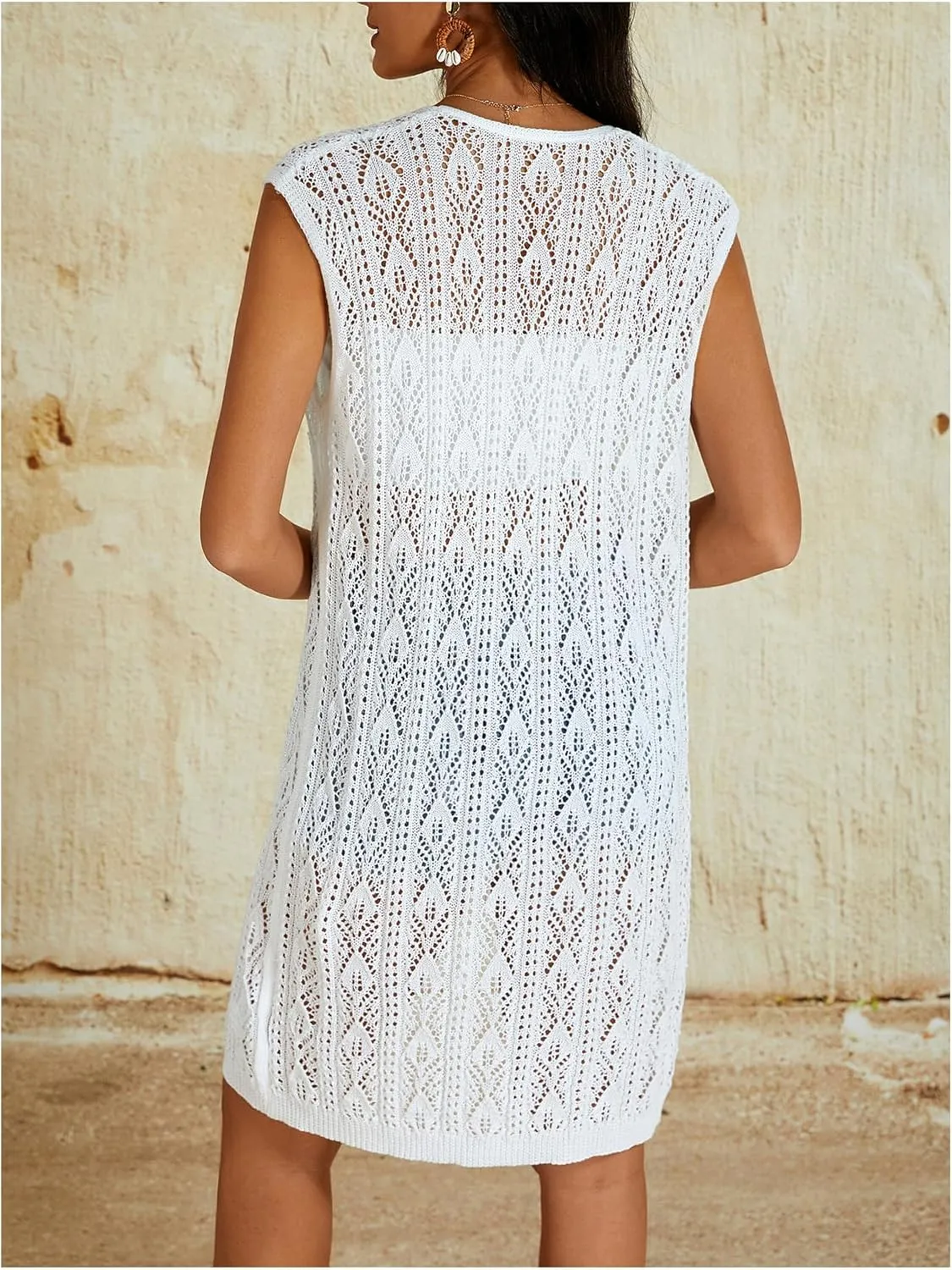 Milumia Women's Sleeveless Long Sweater Vest Crochet Knit Open Front Cardigan Hollow Out Kimono Cardigan