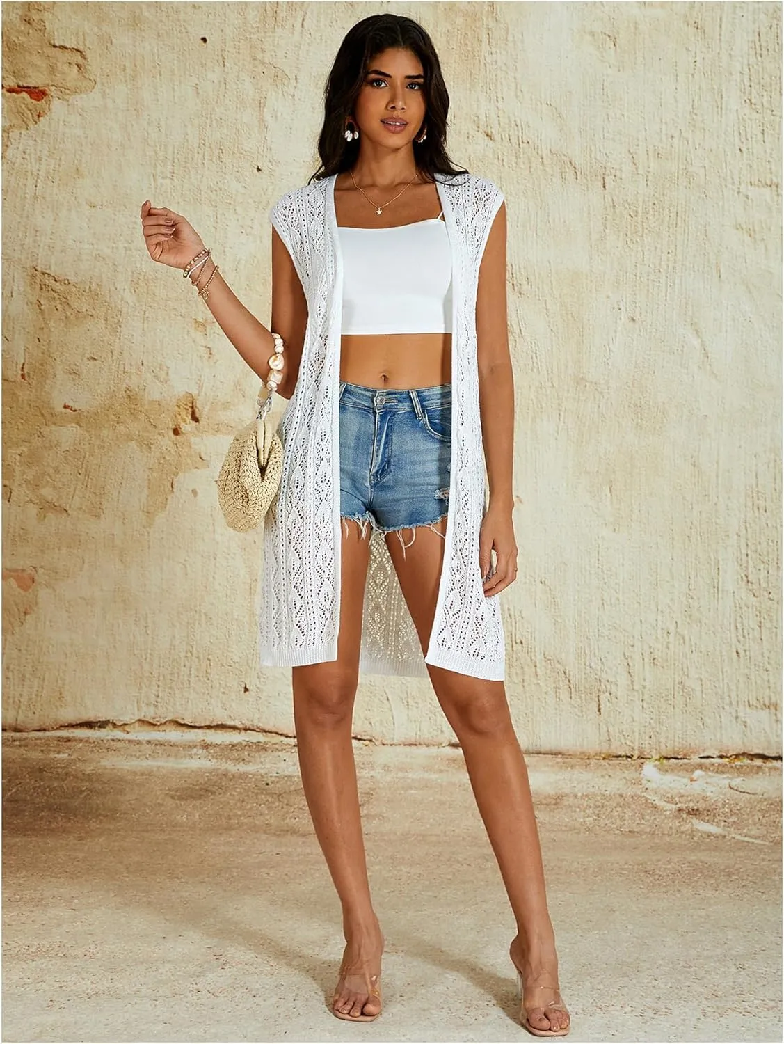 Milumia Women's Sleeveless Long Sweater Vest Crochet Knit Open Front Cardigan Hollow Out Kimono Cardigan