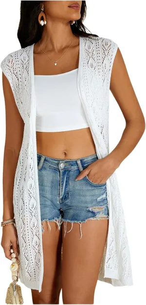 Milumia Women's Sleeveless Long Sweater Vest Crochet Knit Open Front Cardigan Hollow Out Kimono Cardigan