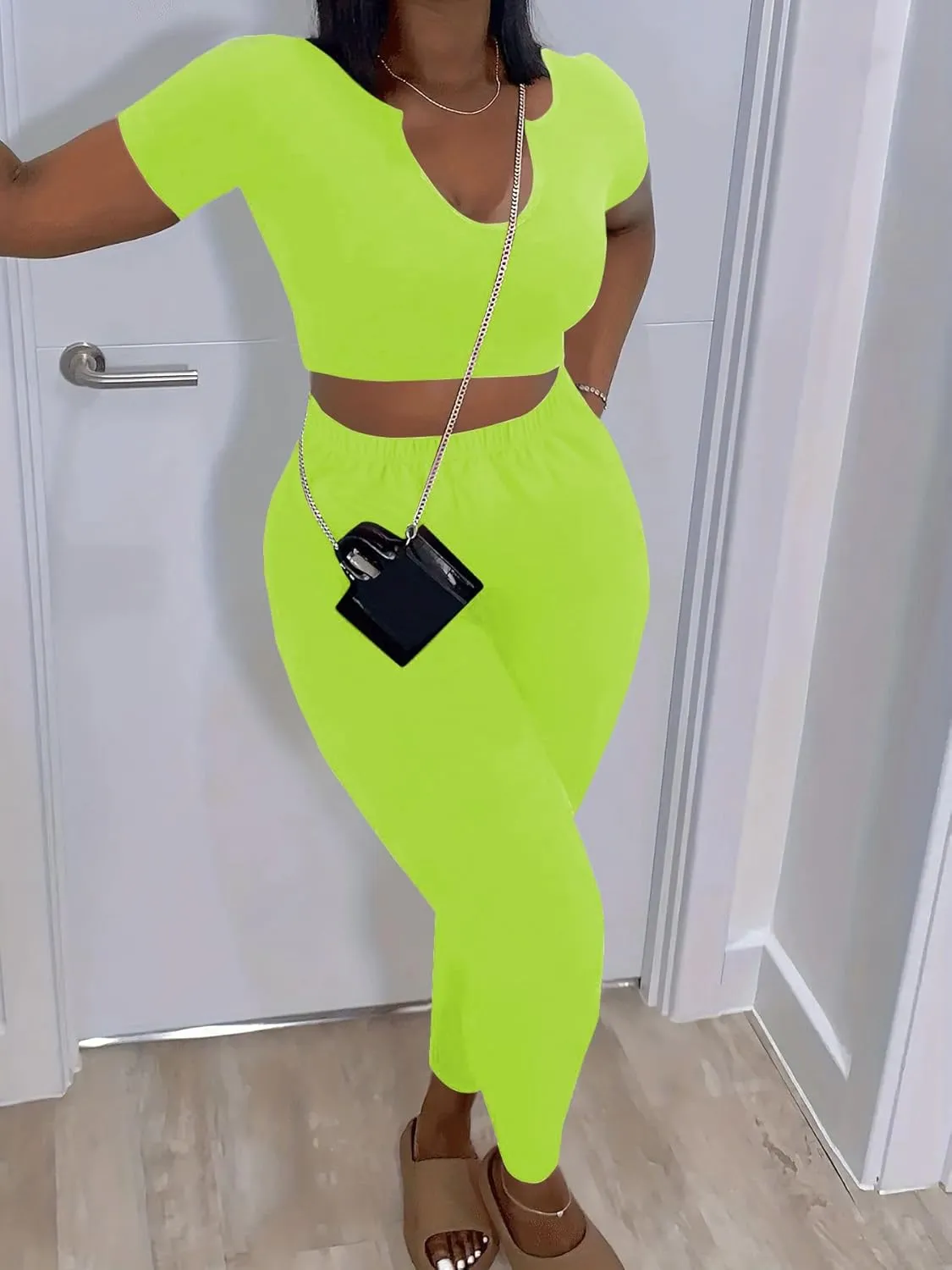 Nimsruc 2 Piece Sets For Women Sexy Casual Workout Crop Short Sleeve Long pants Leggings Sets Summer Active Wear