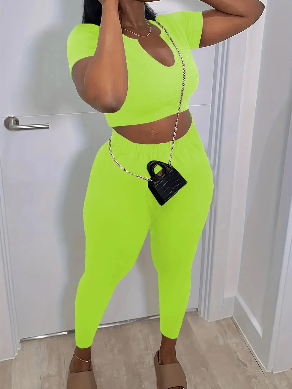 Nimsruc 2 Piece Sets For Women Sexy Casual Workout Crop Short Sleeve Long pants Leggings Sets Summer Active Wear