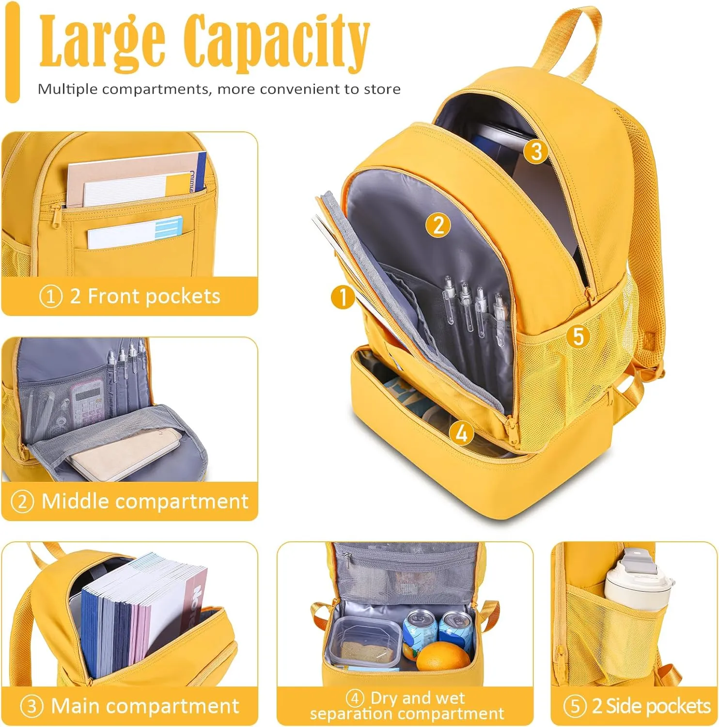 NOL Natural Organic Lifestyle Kids 2-in-1 Backpack & Insulated Lunch Bag-16 Multi-Functional Large Compartments Backpack for School & Travel,Double Deck,Water Resistant,Leak-proof,Padded,Earth-yellow