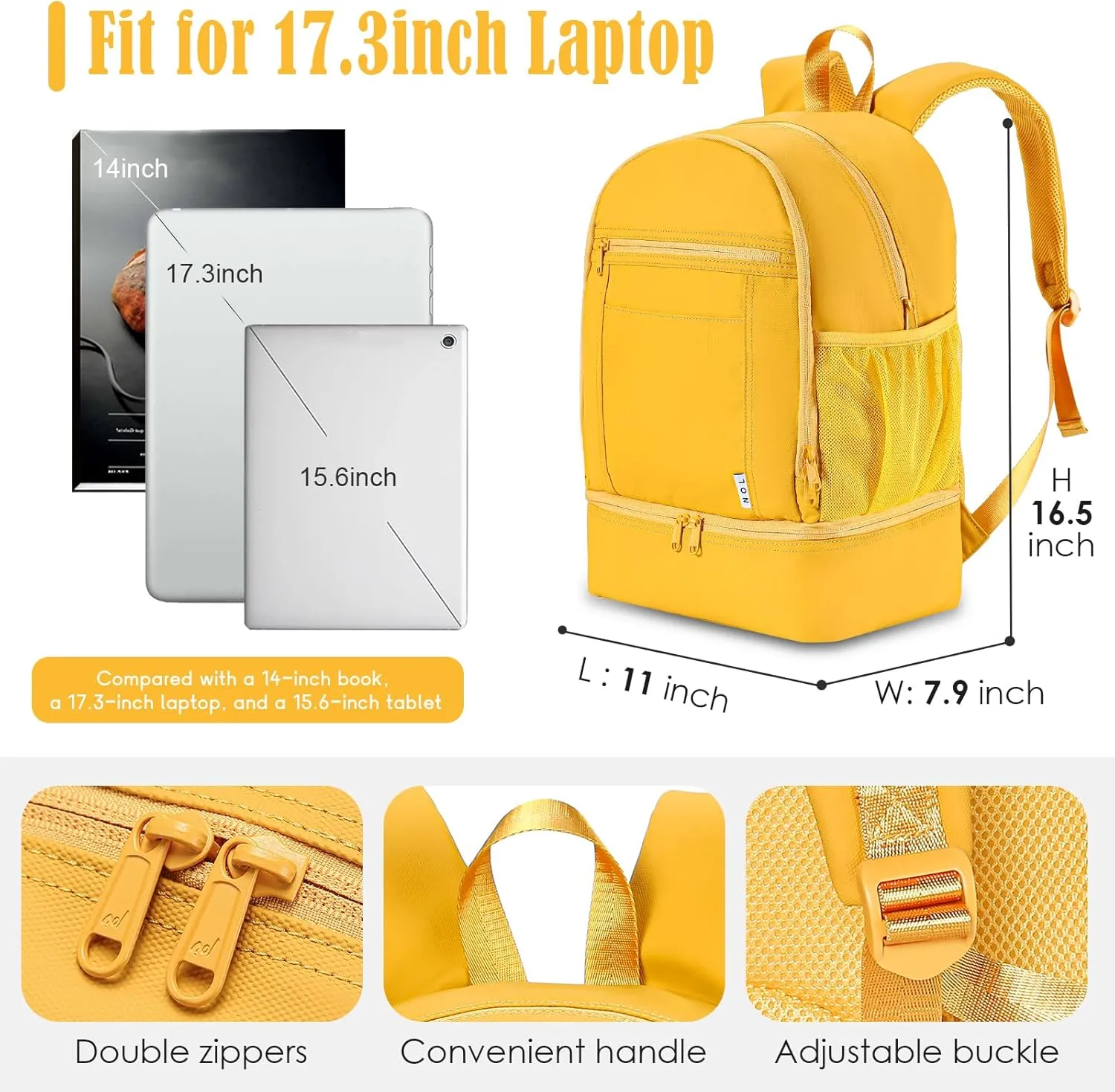 NOL Natural Organic Lifestyle Kids 2-in-1 Backpack & Insulated Lunch Bag-16 Multi-Functional Large Compartments Backpack for School & Travel,Double Deck,Water Resistant,Leak-proof,Padded,Earth-yellow