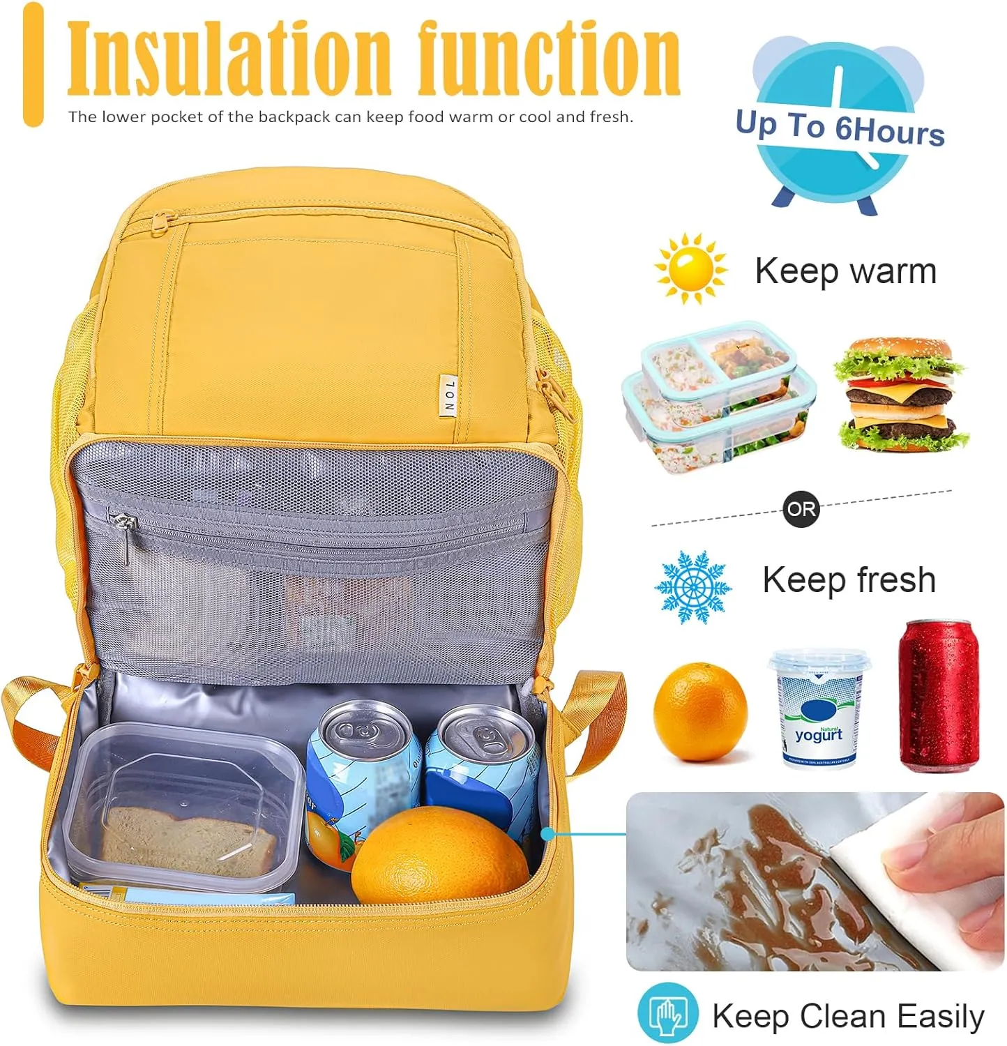 NOL Natural Organic Lifestyle Kids 2-in-1 Backpack & Insulated Lunch Bag-16 Multi-Functional Large Compartments Backpack for School & Travel,Double Deck,Water Resistant,Leak-proof,Padded,Earth-yellow