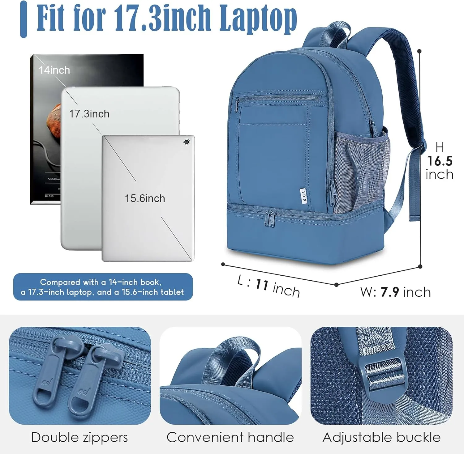NOL Natural Organic Lifestyle Kids 2-in-1 Backpack & Insulated Lunch Bag-16"Multi-Functional Large Compartments Backpack for School & Travel, Double Deck, Water Resistant, Leak-proof,Padded-Dusty blue