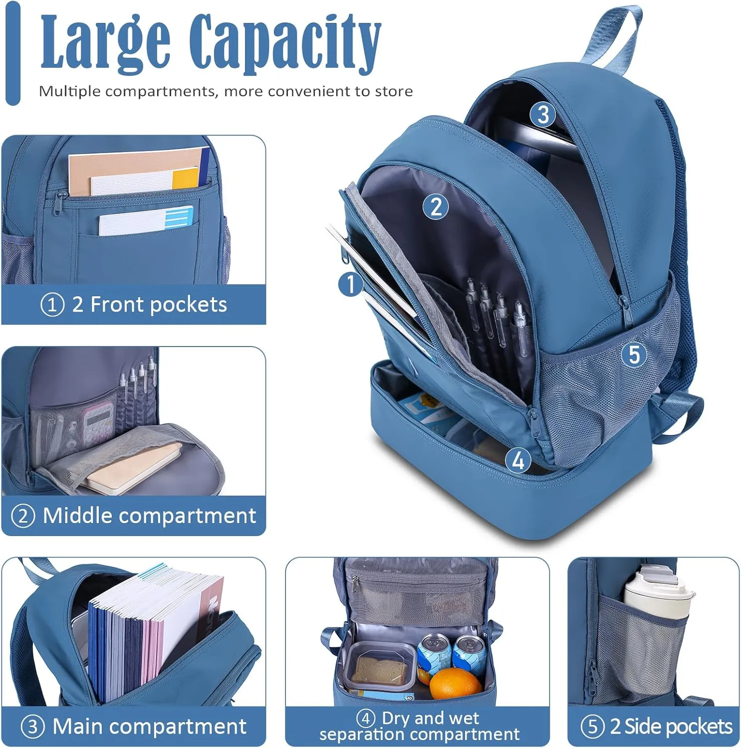 NOL Natural Organic Lifestyle Kids 2-in-1 Backpack & Insulated Lunch Bag-16"Multi-Functional Large Compartments Backpack for School & Travel, Double Deck, Water Resistant, Leak-proof,Padded-Dusty blue