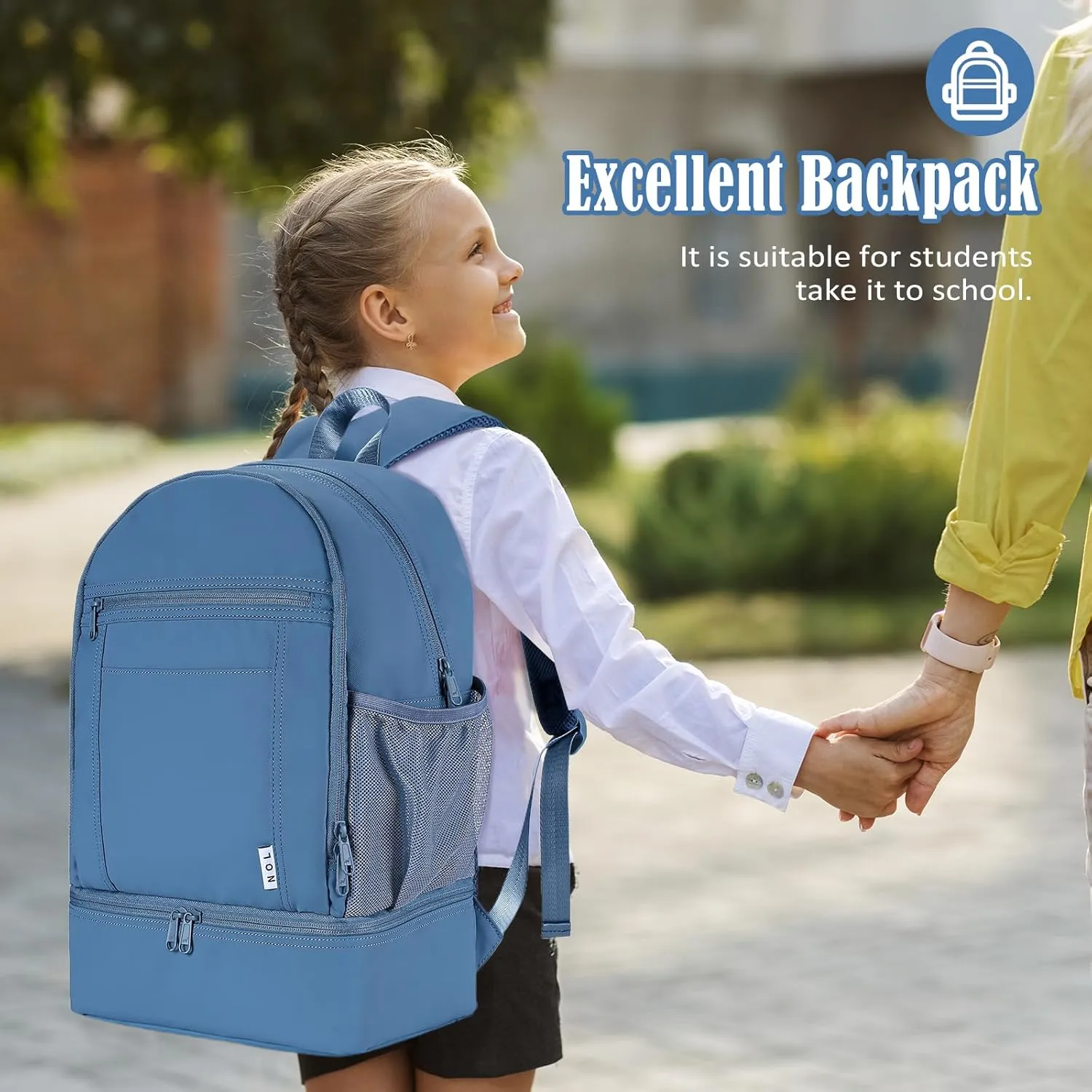 NOL Natural Organic Lifestyle Kids 2-in-1 Backpack & Insulated Lunch Bag-16"Multi-Functional Large Compartments Backpack for School & Travel, Double Deck, Water Resistant, Leak-proof,Padded-Dusty blue