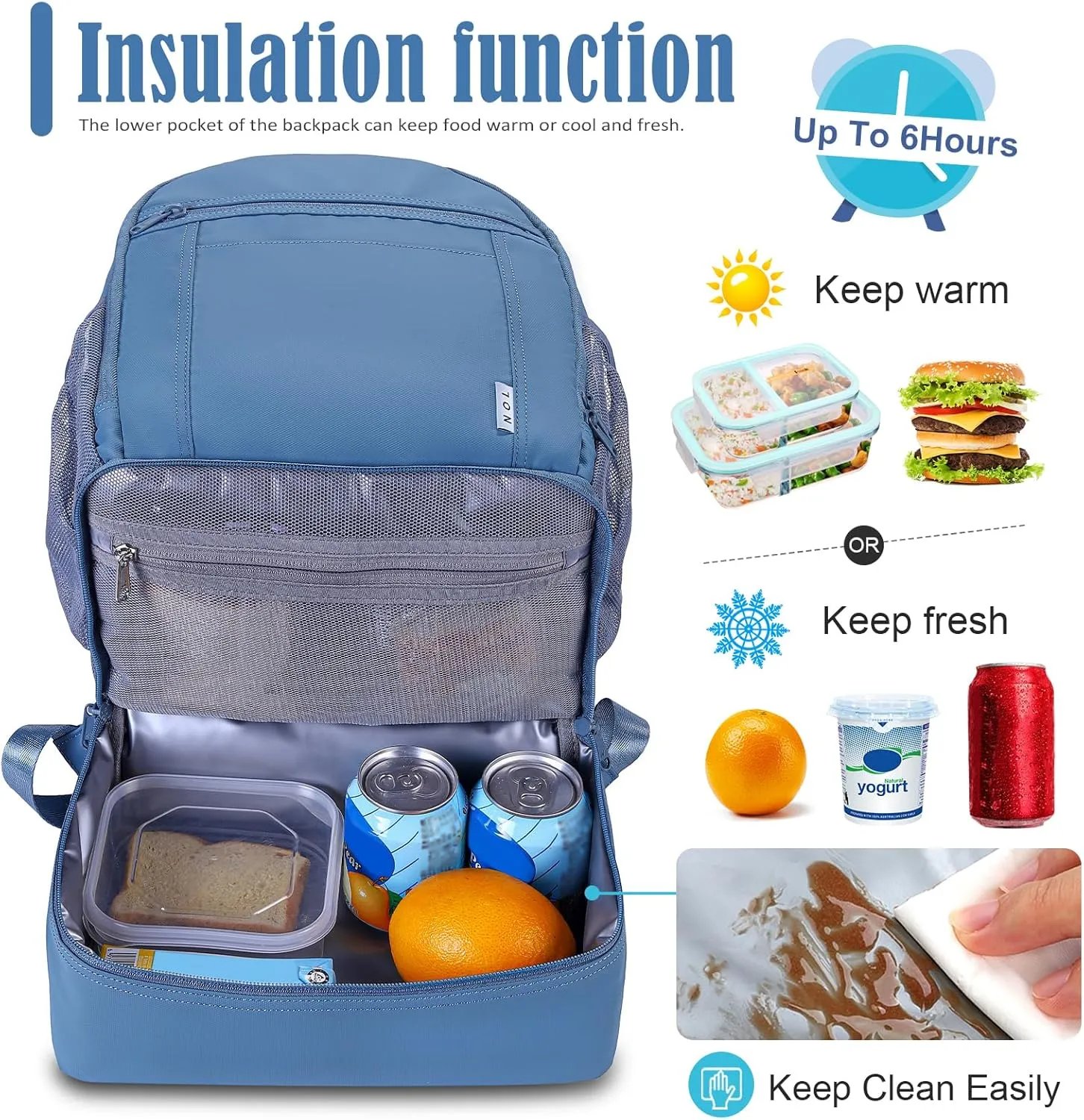 NOL Natural Organic Lifestyle Kids 2-in-1 Backpack & Insulated Lunch Bag-16"Multi-Functional Large Compartments Backpack for School & Travel, Double Deck, Water Resistant, Leak-proof,Padded-Dusty blue