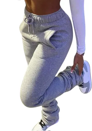 NRTHYE Stacked Pants Women Solid High Waist Drawstring Pleated Pants Casual Active Leggings Thick Sweatpants Trousers