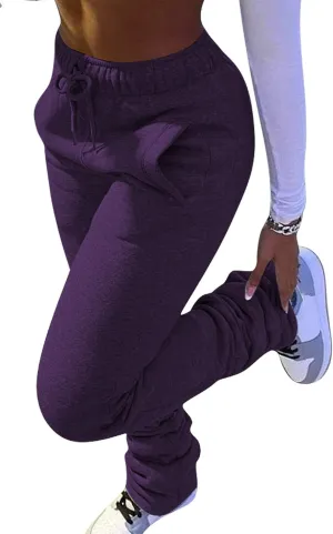 NRTHYE Stacked Pants Women Solid High Waist Drawstring Pleated Pants Casual Active Leggings Thick Sweatpants Trousers