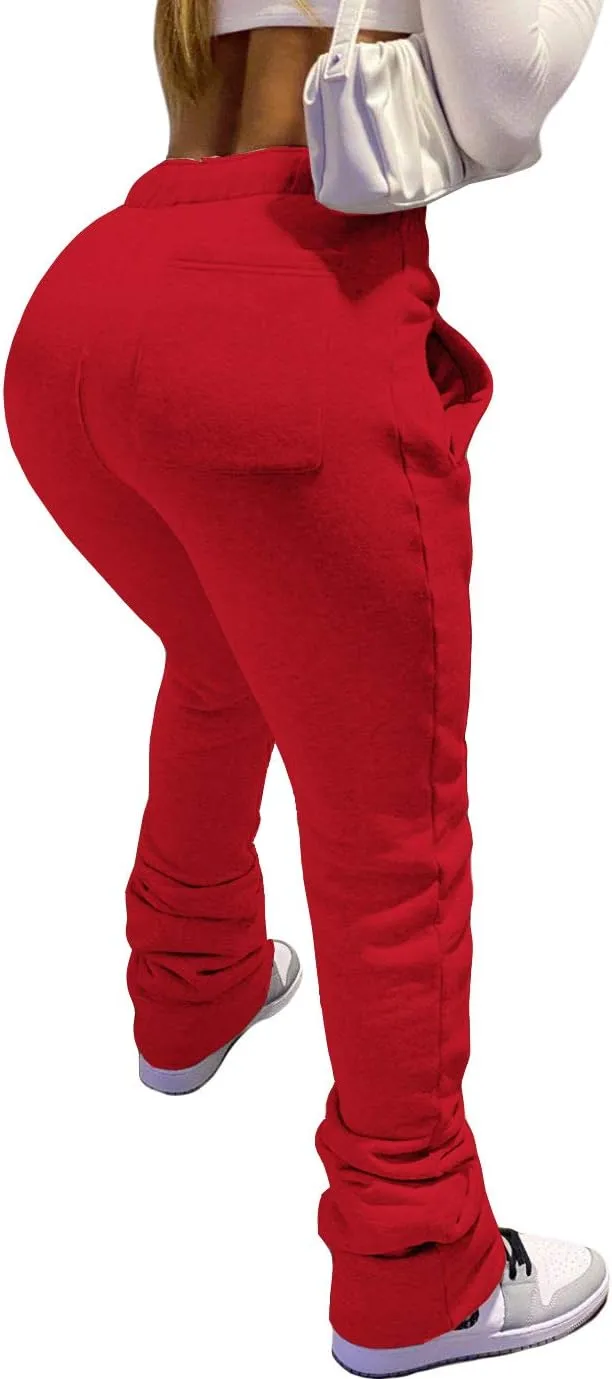 NRTHYE Stacked Pants Women Solid High Waist Drawstring Pleated Pants Casual Active Leggings Thick Sweatpants Trousers