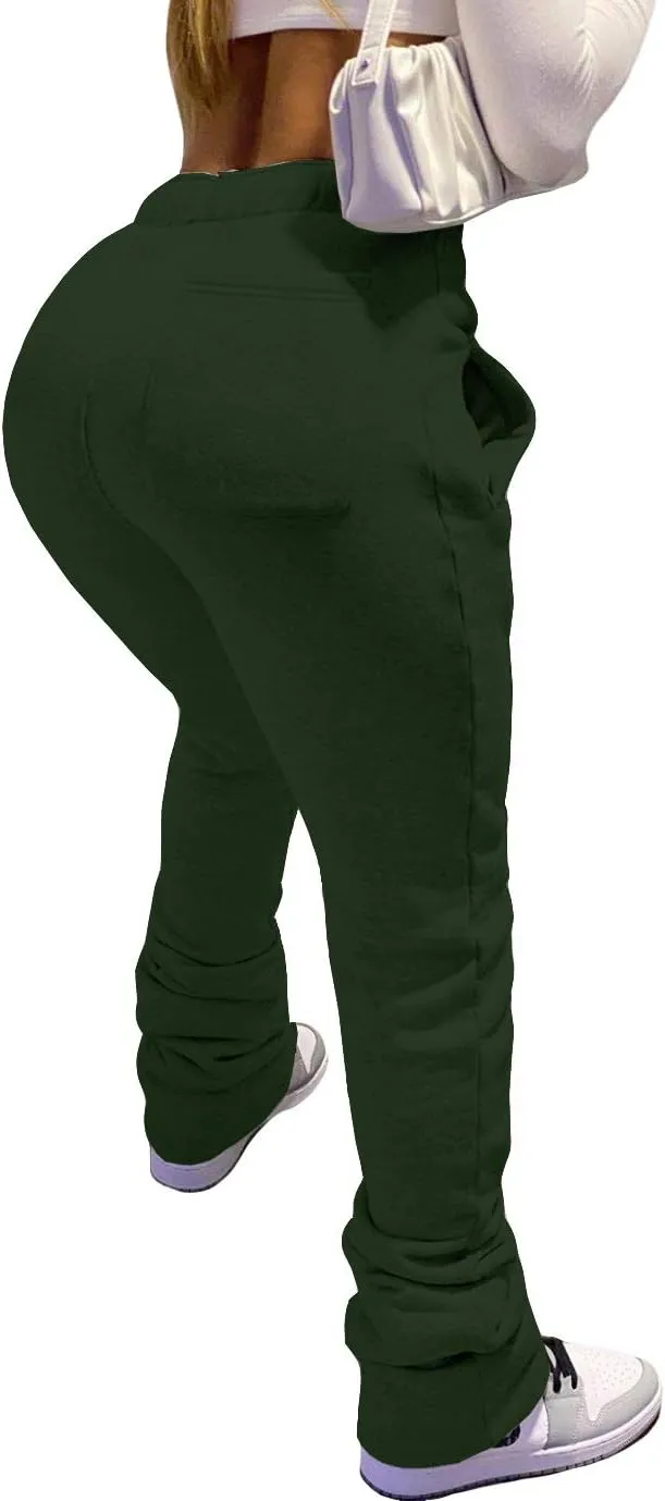 NRTHYE Stacked Pants Women Solid High Waist Drawstring Pleated Pants Casual Active Leggings Thick Sweatpants Trousers