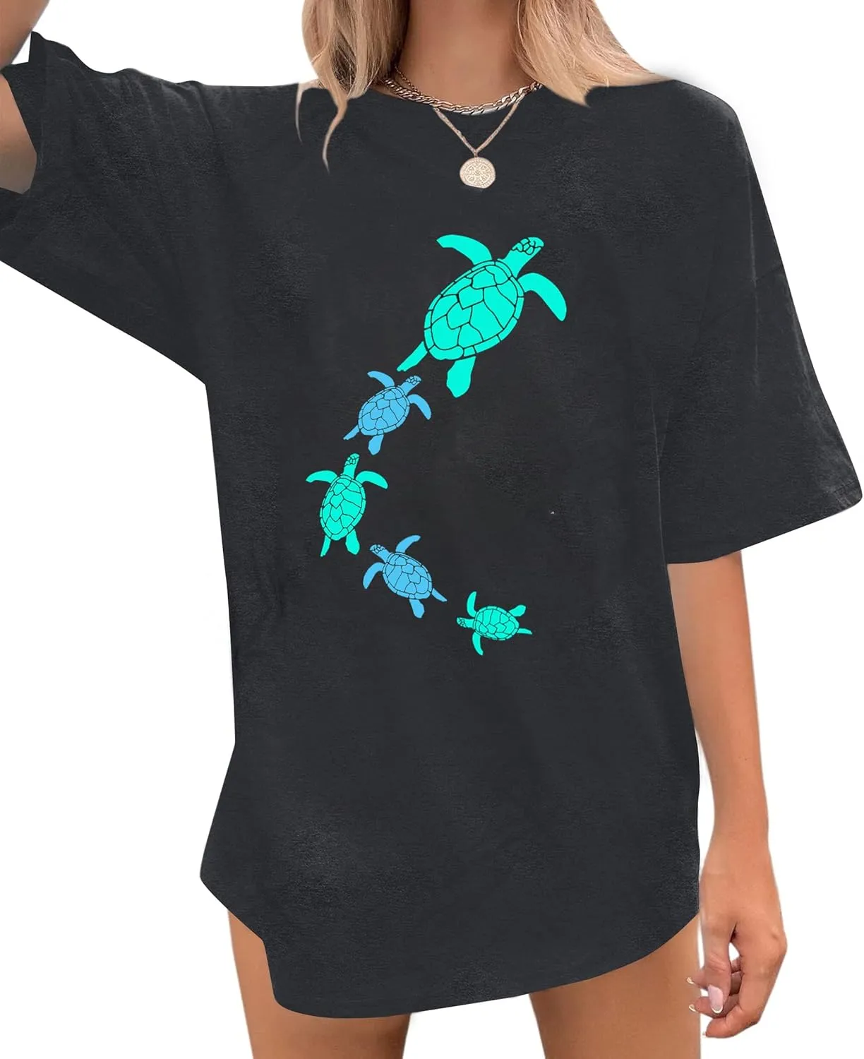 Oversized Sea Turtle Shirts Women Ocean Animal Hawaiian Tshirts Graphic Casual Summer Beach Vacation Tees Tops