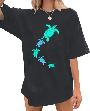 Oversized Sea Turtle Shirts Women Ocean Animal Hawaiian Tshirts Graphic Casual Summer Beach Vacation Tees Tops