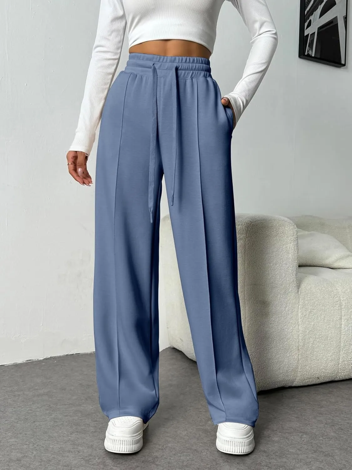 PINSPARK Wide Leg Sweatpants Women High Waisted Baggy Sweat Pants Elastic Elevated Seams Loose Active Pants with Pockets